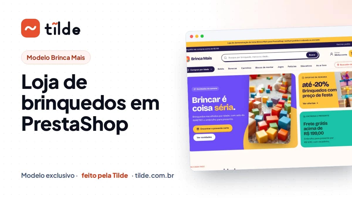 Capa com a marca Tilde e o título Loja de brinquedos em PrestaShop