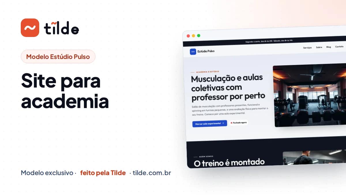 Capa com a marca Tilde e o título Site para academia