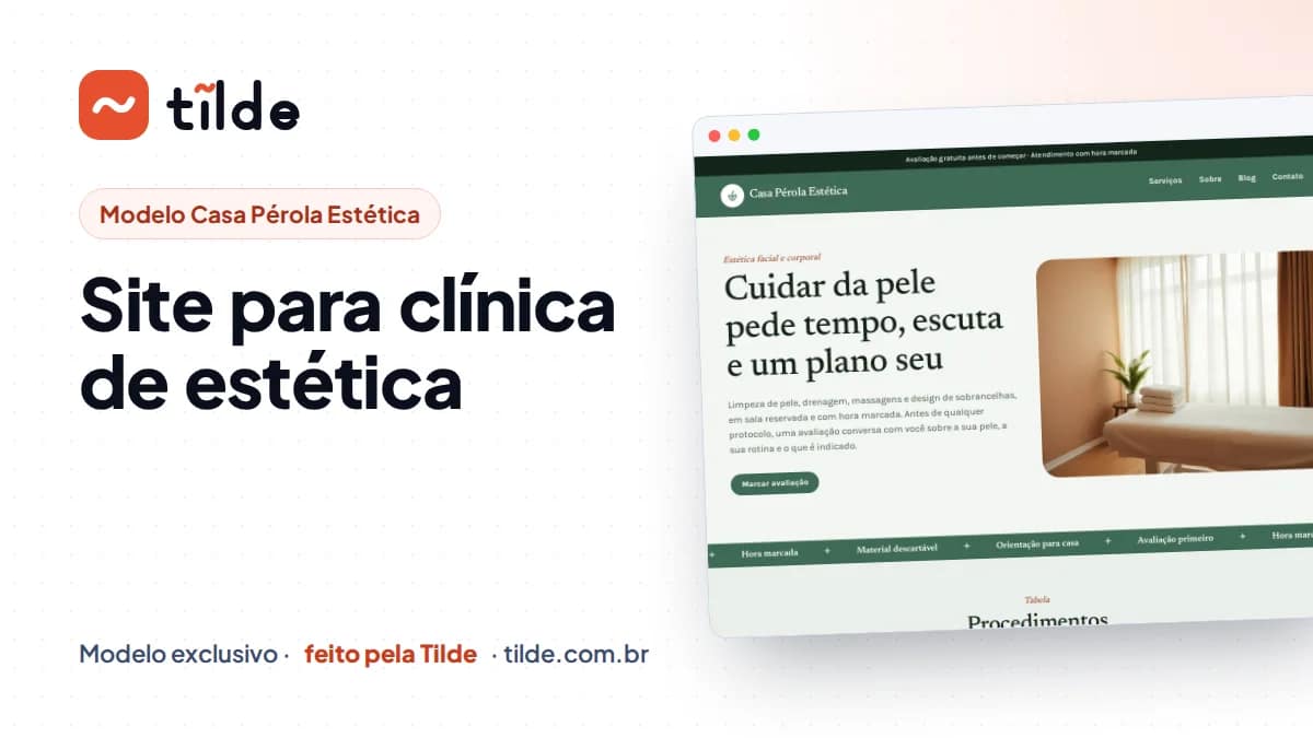 Capa com a marca Tilde e o título Site para clínica de estética