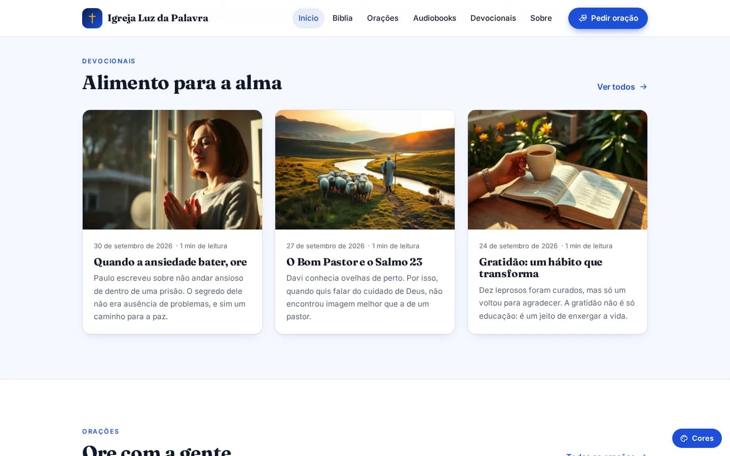 Seções da página inicial