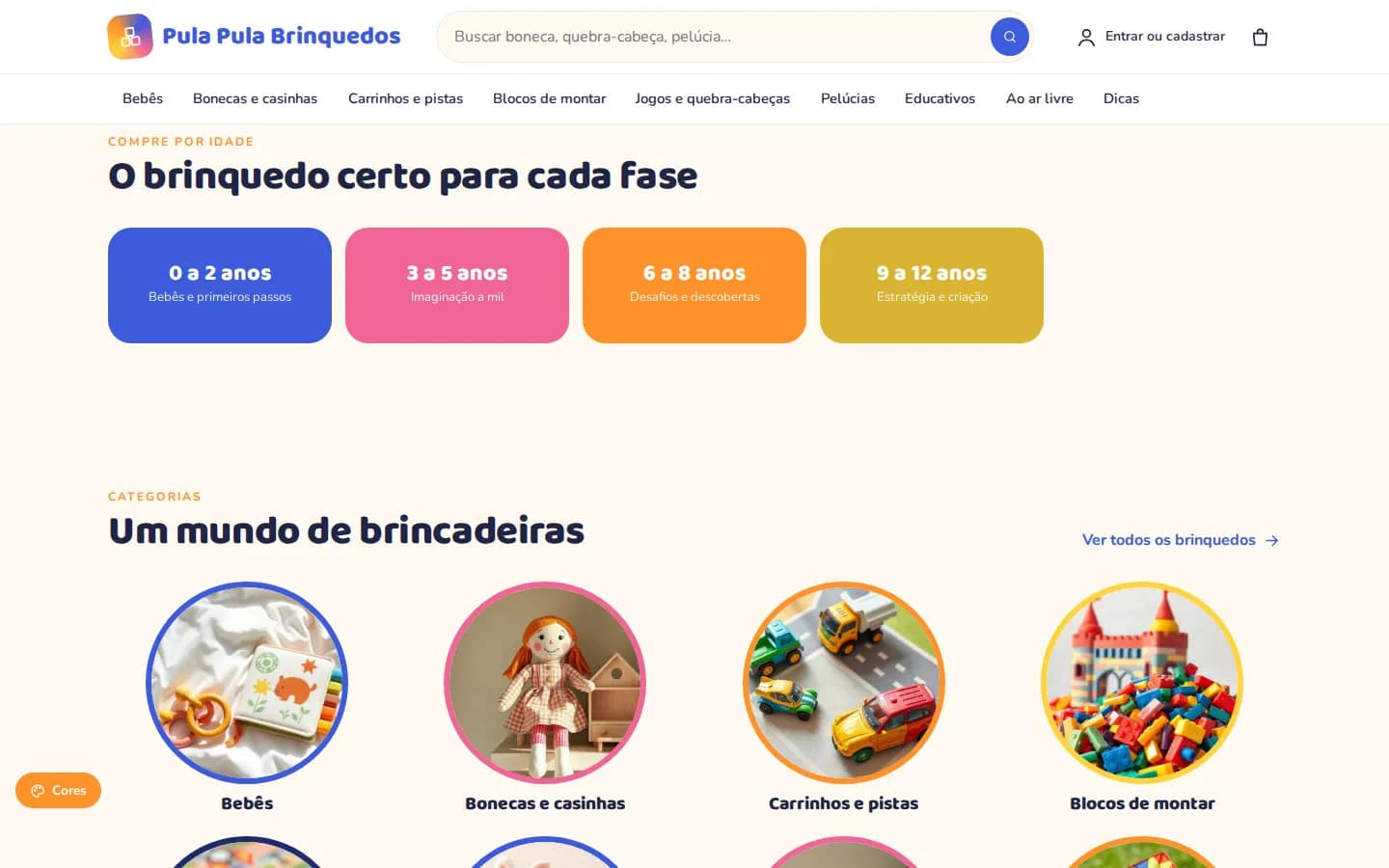 Seções da página inicial
