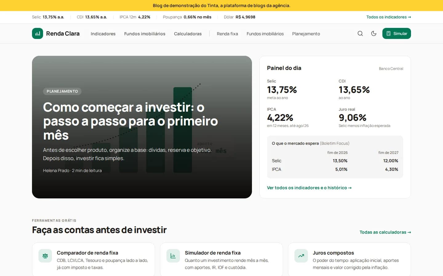 Renda Clara — portal de investimentos com calculadoras