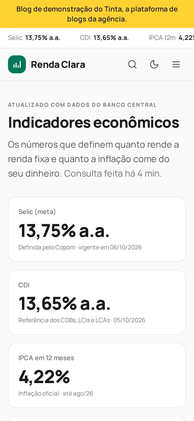 Renda Clara — portal de investimentos com calculadoras no celular
